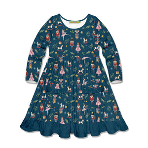 Kids Teal Nutcracker Patch-Pocket A-Line Dress - Millieloveslily.com