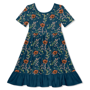 Kids Teal Poppy Floral Ruffle-Hem Dress - Millieloveslily.com