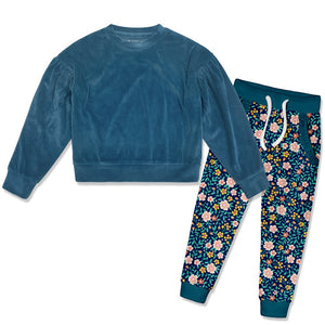 Kids Teal Velour Sweatshirt & Floral Cluster Joggers - Millieloveslily.com