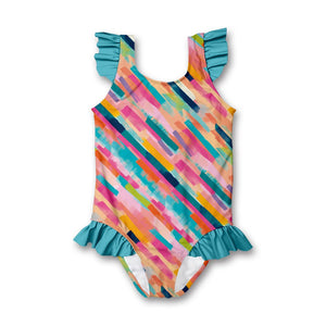 Kids Turquoise Abstract Ruffle Accent One - Piece Swimsuit - Millieloveslily.com