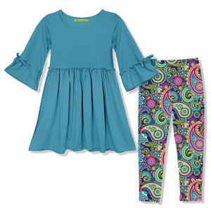 Kids Turquoise Bow Bell - Sleeve A - Line Dress & Paisley Perfect Leggings - Millieloveslily.com