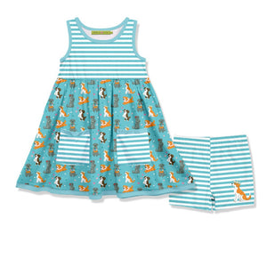 Kids Turquoise Dogs & Butterflies Pocket Dress & Stripe Shorts Set - Millieloveslily.com