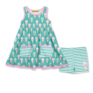 Kids Turquoise Ice Cream Cones Sleeveless Pocket A - Line Dress & Stripe Shorts - Millieloveslily.com