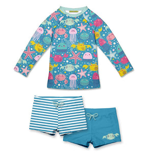 Kids Turquoise Octopus Sea Long - Sleeve Rashguard & swim shorts 3-PC Set, on a white background, front 