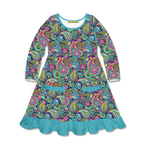 Kids Turquoise Paisley Perfect Patch-Pocket Long-Sleeve A-Line Dress - Millieloveslily.com