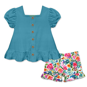 Kids Turquoise Puff Sleeve Top & Floral Shorts on a white background, front