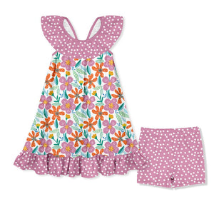 Kids Violet Flower dress and dot short set on a white background, front