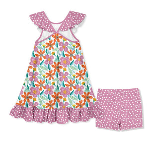 Kids Violet Flower Ruffle - Hem Yoke Dress & Shorts Set - Millieloveslily.com
