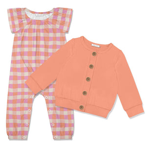 Kids Wavy Check Cap-Sleeve Playsuit & Coral Cardigan - Millieloveslily.com