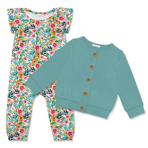 Kids White Becky Floral Cap-Sleeve Playsuit & Nile Blue Cardigan - Millieloveslily.com