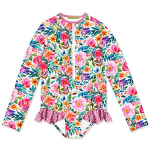 Kids pink  Floral Ruffle - Accent One - Piece Rashguard on a white background, front - Millieloveslily.com