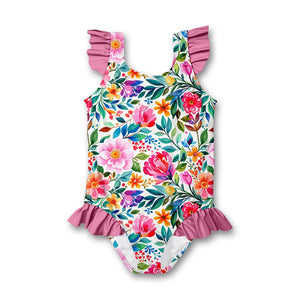 Kids White Becky Floral Ruffle Accent One Piece Swimsuit on a white background, front- Millieloveslily.com