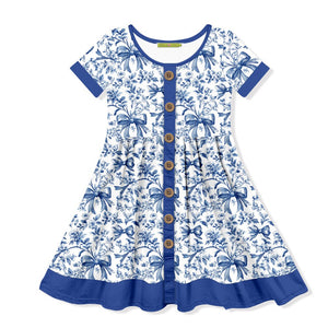 Kids White Blue Bows Button - Up A - Line Dress - Millieloveslily.com
