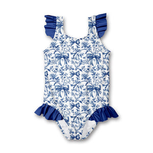 Kids White & Blue Bows Ruffle Accent One - Piece Swimsuit - Millieloveslily.com