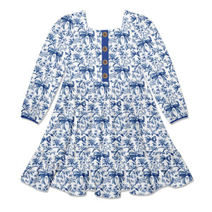 Kids White & Blue Bows Square-Neck Button-Front Tiered Dress - Millieloveslily.com