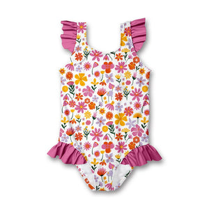 Kids White Fuchsia Flower Ruffle Accent One - Piece Swimsuit - Millieloveslily.com