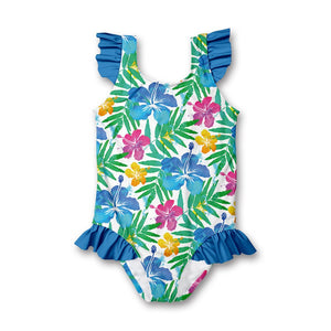 Kids White Hawaiian Neon Ruffle - Accent One - Piece  Swimsuit - Millieloveslily.com