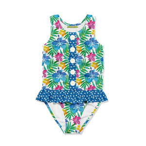 Kids White Hawaiian Neon Ruffle Front 1 - PC Swimsuit - Millieloveslily.com
