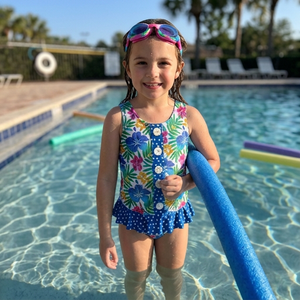 Kids White Hawaiian Neon Ruffle Front 1 - PC Swimsuit - Millieloveslily.com