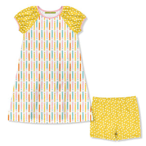 Kids White Pencils Puff Sleeve Dress & Yellow Dot Shorts - Millieloveslily.com
