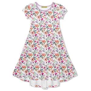 Kids White Petulia Floral Midi - Length Hi - Low Dress with short sleeves ona white background,front- Millieloveslily.com