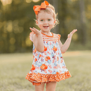 Kids White Pumpkin Patchwork Skirted Bubble Romper - Millieloveslily.com
