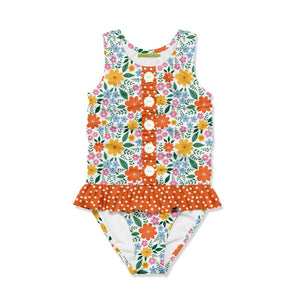 Kids White Summer Floral Ruffle Front 1 - PC Swimsuit - Millieloveslily.com