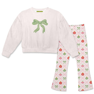 Kids White Velour Sweatshirt & Holiday Ornaments Flare Leggings - Millieloveslily.com