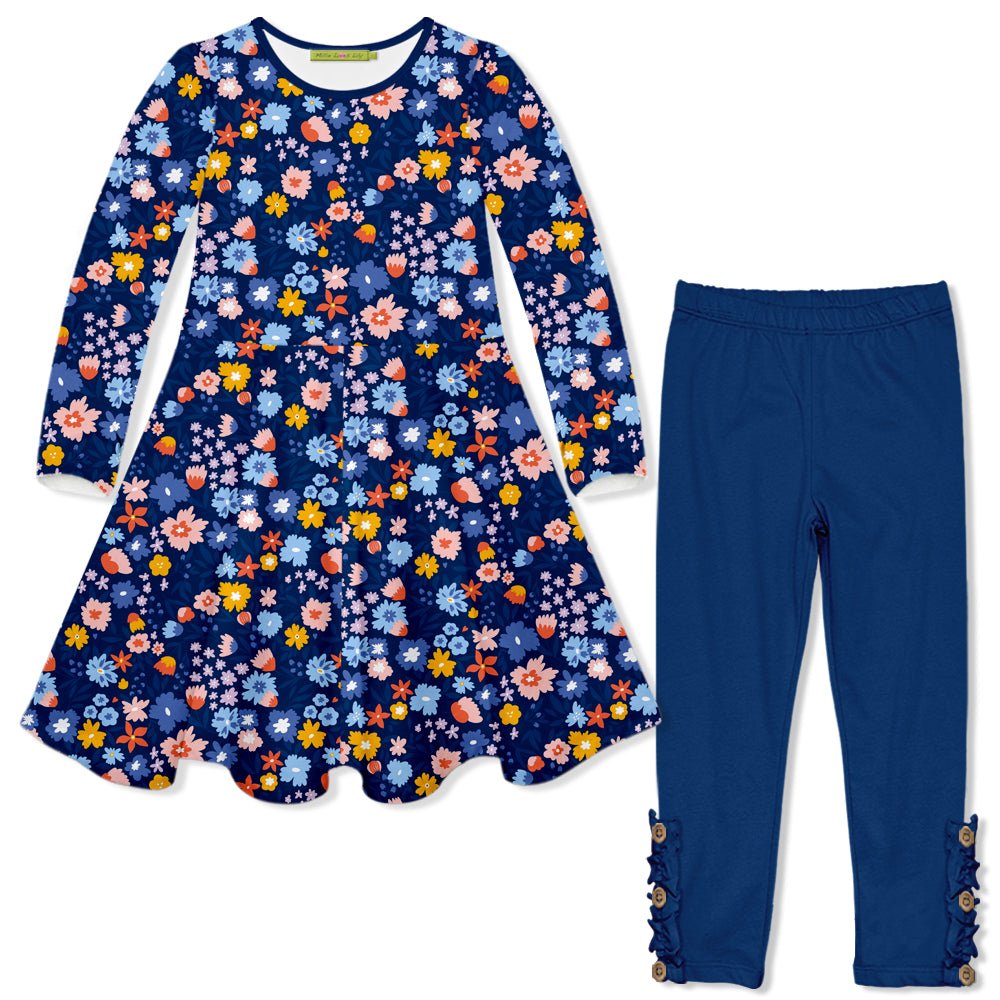 Kids Wonder Floral Long-Sleeve Dress & Navy Leggings Set - Millieloveslily.com