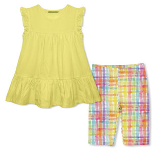 Kids Yellow Ruffle Top & Plaid Bike Shorts on a white background, front