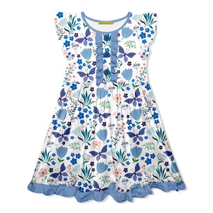kids  Blue butterfly & Floral printed Angel - sleeve Dress on a white background, front - Millieloveslily.com