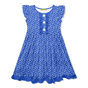 kids Blue Polka Dot Button - Front Angel - Sleeve Dress - Millieloveslily.com