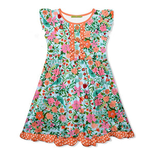 kids blue and orange floral print  Angel - Sleeve Dress on a white background, front- Millieloveslily.com