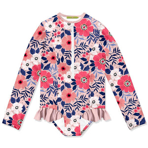 kids Coral May Flower Ruffle - Accent One - Piece Rashguard on a white background, front- Millieloveslily.com