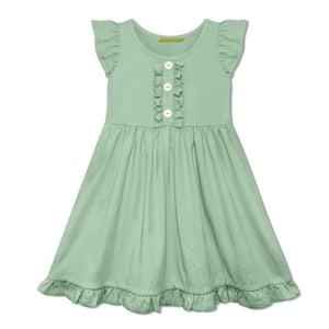 kids cotton Sage angel-Sleeve Dress with decorative buttons on a white background, frontMillieloveslily.com