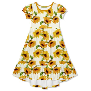 Kids Cream & Marigold Sunflower Midi - Length Hi - Low Dress  with short sleeves on a white background, front- Millieloveslily.com