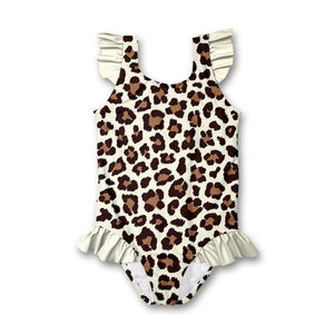 kids Cream leopard skin Ruffle - Accent One - Piece -swimsuit on a white background, front Millieloveslily.com