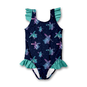 kids Navy Turtle themed Ruffle - Accent One - Piece swimsuit on a white background, front- Millieloveslily.com