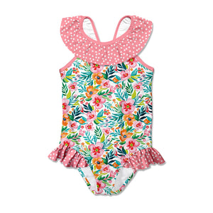 kids pink One-piece swimsuit with floral pattern and pink polka dot ruffle trim and a back bow on a white background, front