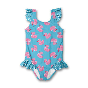 Kids Turquoise swimsuit with pink duckies and dot ruffles on a white background, front