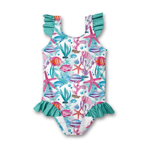 kids turquoise ocean themed Ruffle - Accent One - Piece -swimsuit on a white background, front  Millieloveslily.com