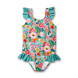 kids Turquoise Painted Floral Ruffle - Accent One - Piece swimsuit on a white background, front- Millieloveslily.com