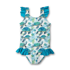 Kids Turquoise Turtle themed  Ruffle - Accent One Piece swimsuit Millieloveslily.com