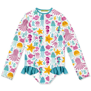 kids  White Ocean themed Ruffle - Accent One - Piece Rashguard  on a white background,   frontMillieloveslily.com