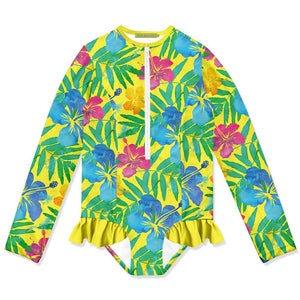kids Yellow Hawaiian Neon Ruffle - Accent One - Piece Rashguard  on a white background, front- Millieloveslily.com