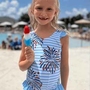 Light Blue Stripe Fireworks Ruffle - Accent One - Piece Swimsuit - Millieloveslily.com