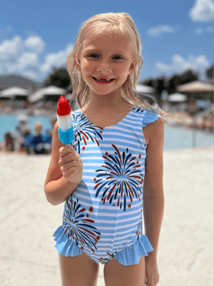 Light Blue Stripe Fireworks Ruffle - Accent One - Piece Swimsuit - Millieloveslily.com