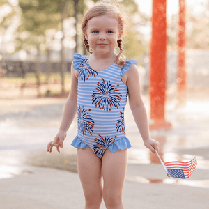 Light Blue Stripe Fireworks Ruffle - Accent One - Piece Swimsuit - Millieloveslily.com