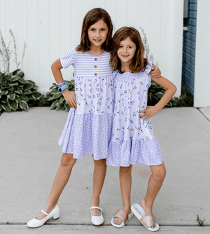 Lilac Stripe Petals Floral Tiered Button - Front Dress - Millieloveslily.com