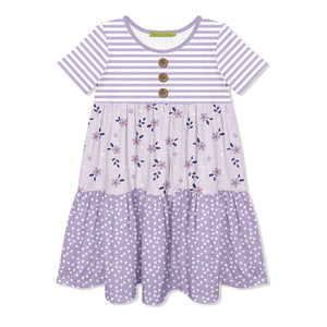 Lilac Stripe Petals Floral Tiered Button - Front Dress - Millieloveslily.com